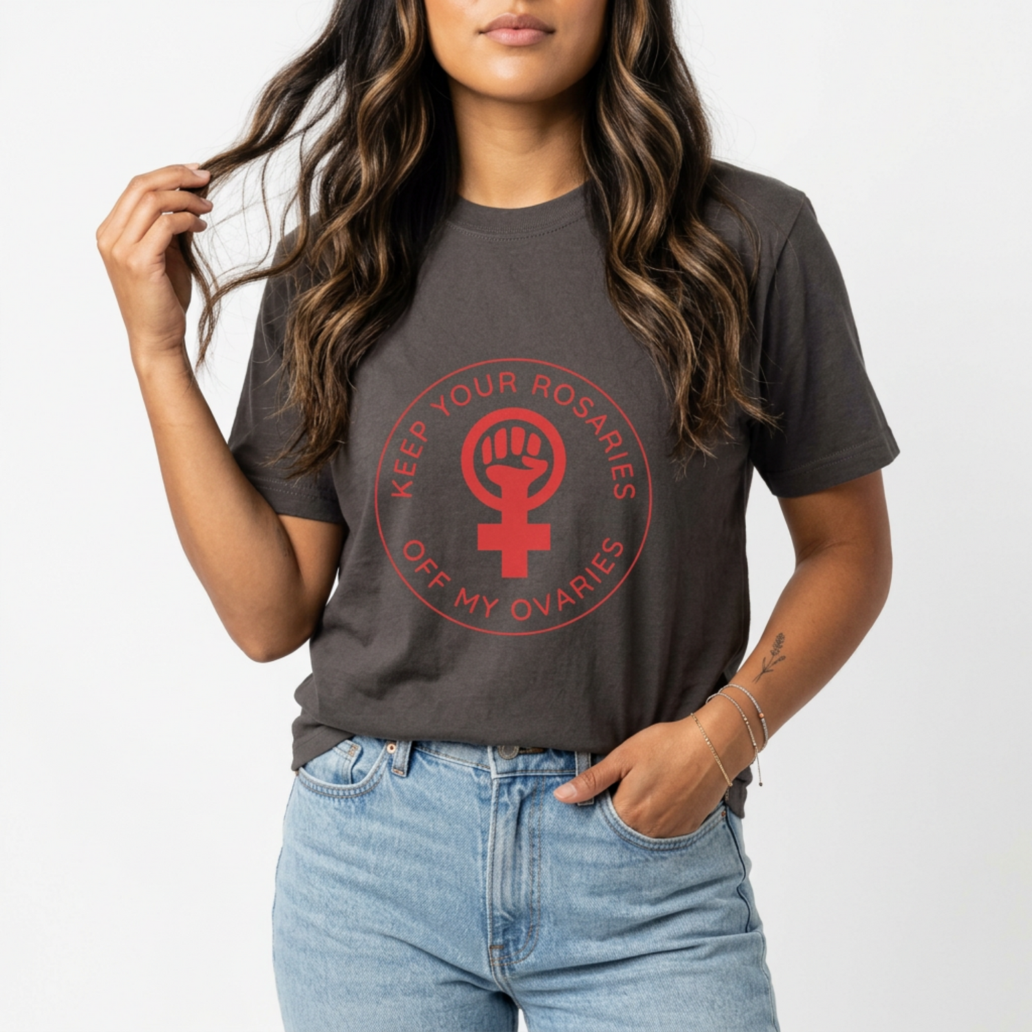 get your rosaries off my ovaries feminist tshirt